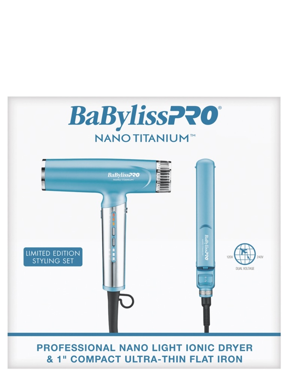 BaBylissPRO Nano Titanium Light Blue Dryer & 1" Flat Iron Set
